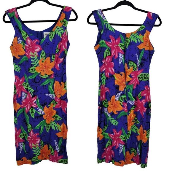 Vintage Blue Tropical Floral Sleeveless Mini Sheath Dress L Rayon USA Aloha Wear - Picture 10 of 10